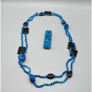 Faceted Blue Beaded 2-Strand Necklace & Bracelet Set Matching Chunky Jewelry